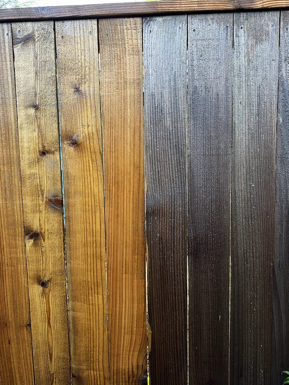 Cedar fence boards half cleaned: bright cedar on one side, grey weathered wood on the other